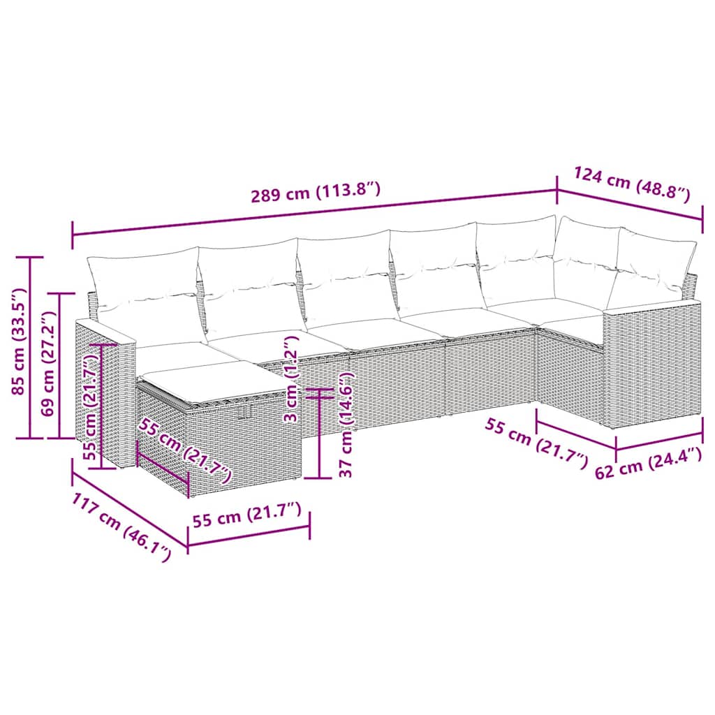 7-delige Loungeset met kussens poly rattan grijs