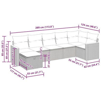 7-delige Loungeset met kussens poly rattan grijs
