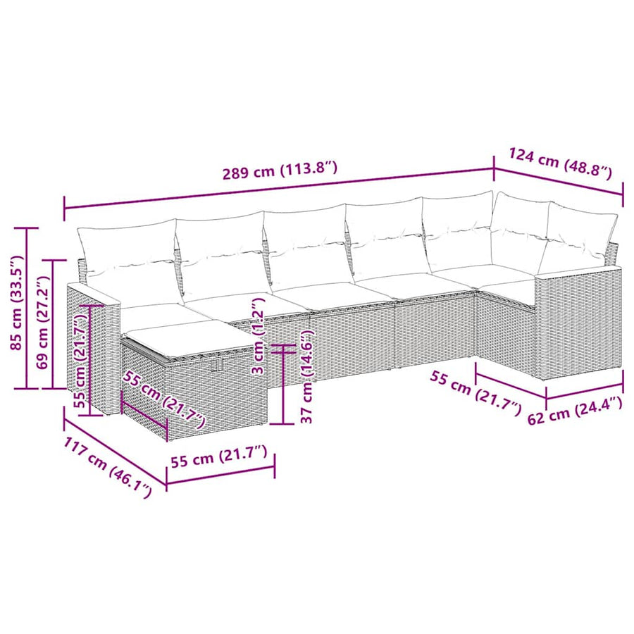 7-delige Loungeset met kussens poly rattan grijs