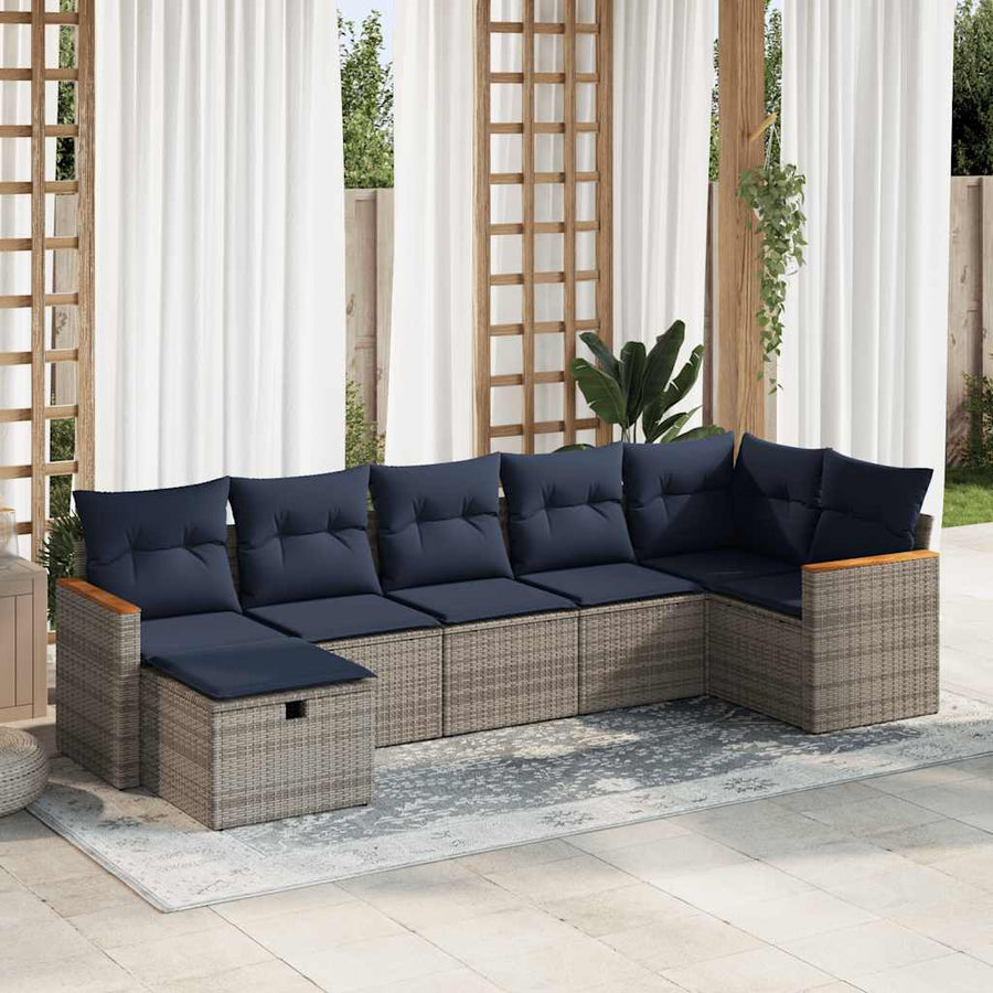 7-delige Loungeset met kussens poly rattan grijs