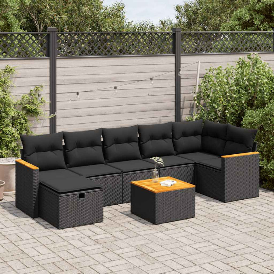 8-delige Loungeset met kussens poly rattan zwart
