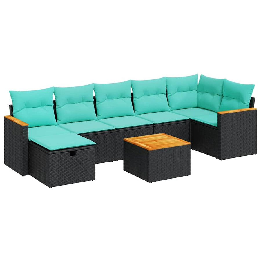 8-delige Loungeset met kussens poly rattan zwart