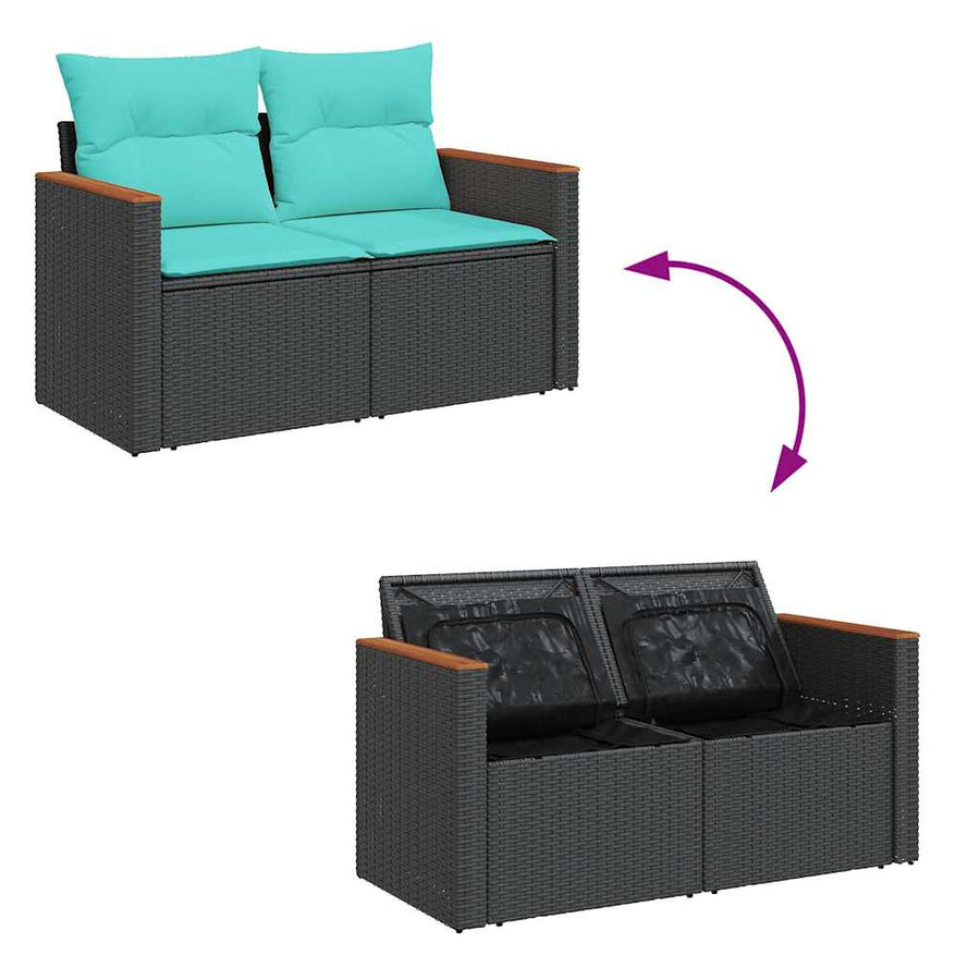 8-delige Loungeset met kussens poly rattan zwart