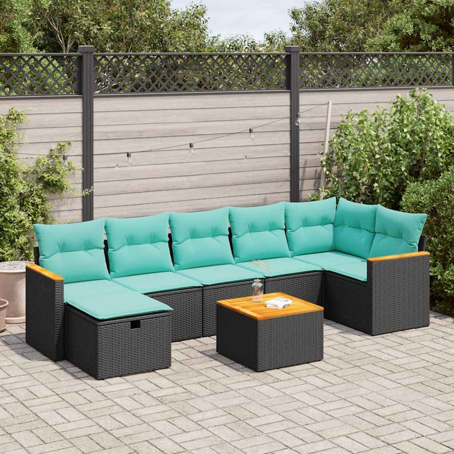 8-delige Loungeset met kussens poly rattan zwart