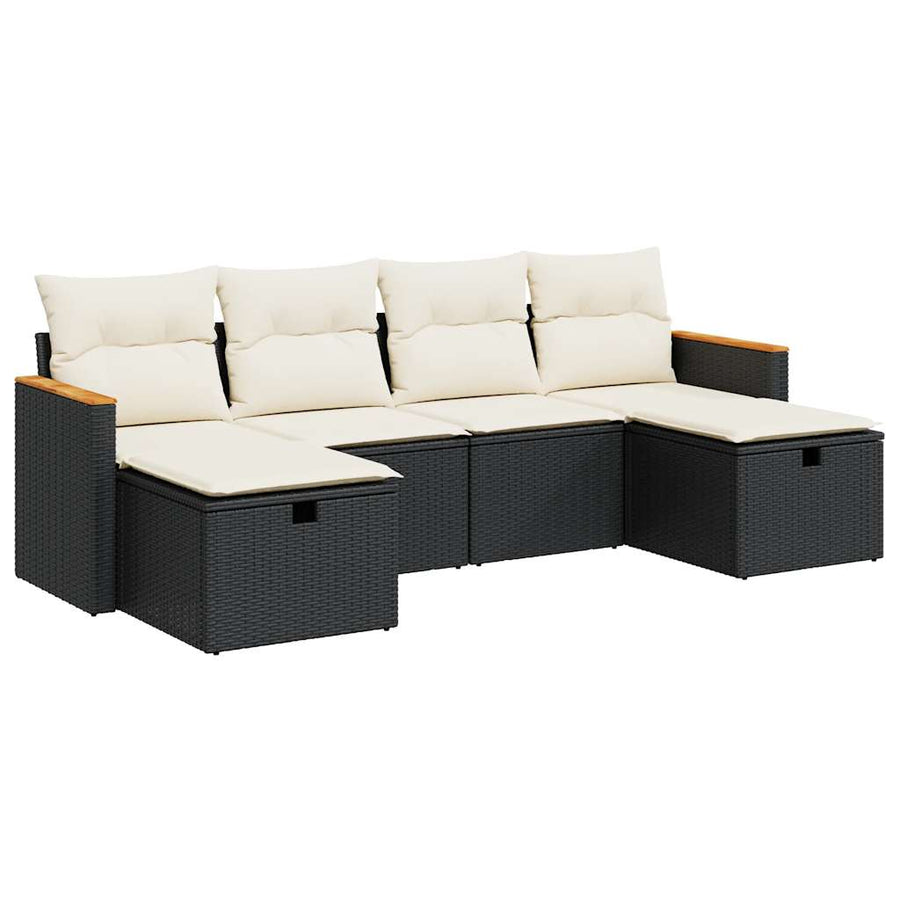 6-delige Loungeset met kussens poly rattan zwart