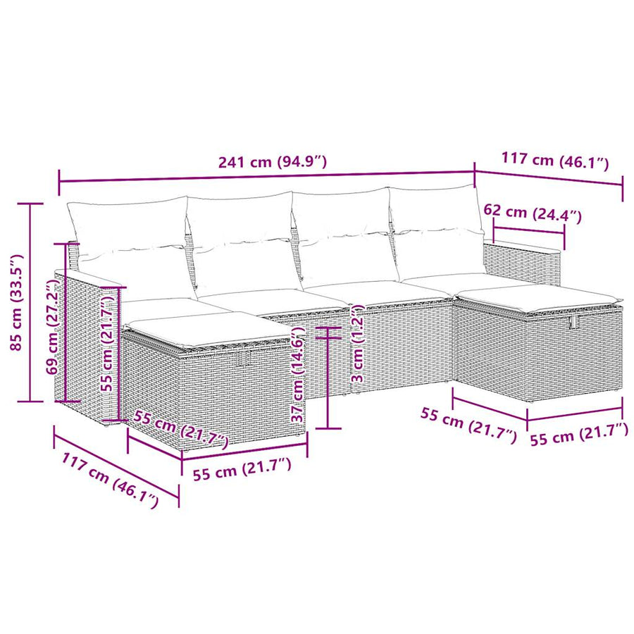 6-delige Loungeset met kussens poly rattan zwart