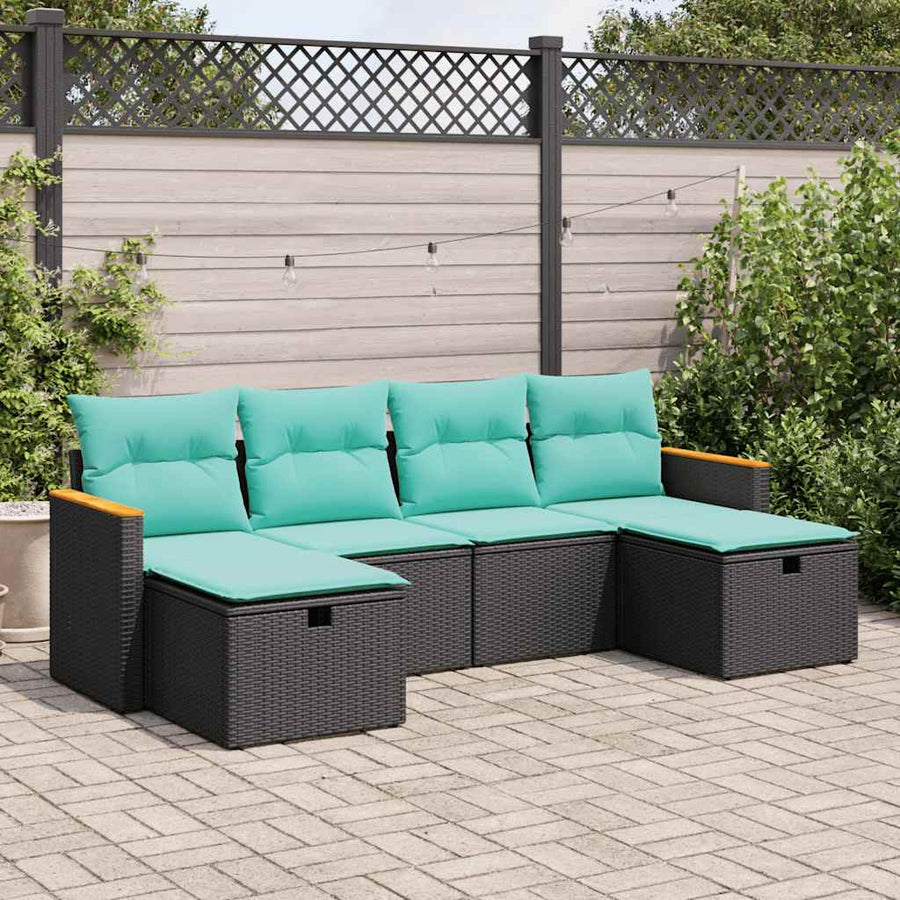 6-delige Loungeset met kussens poly rattan zwart