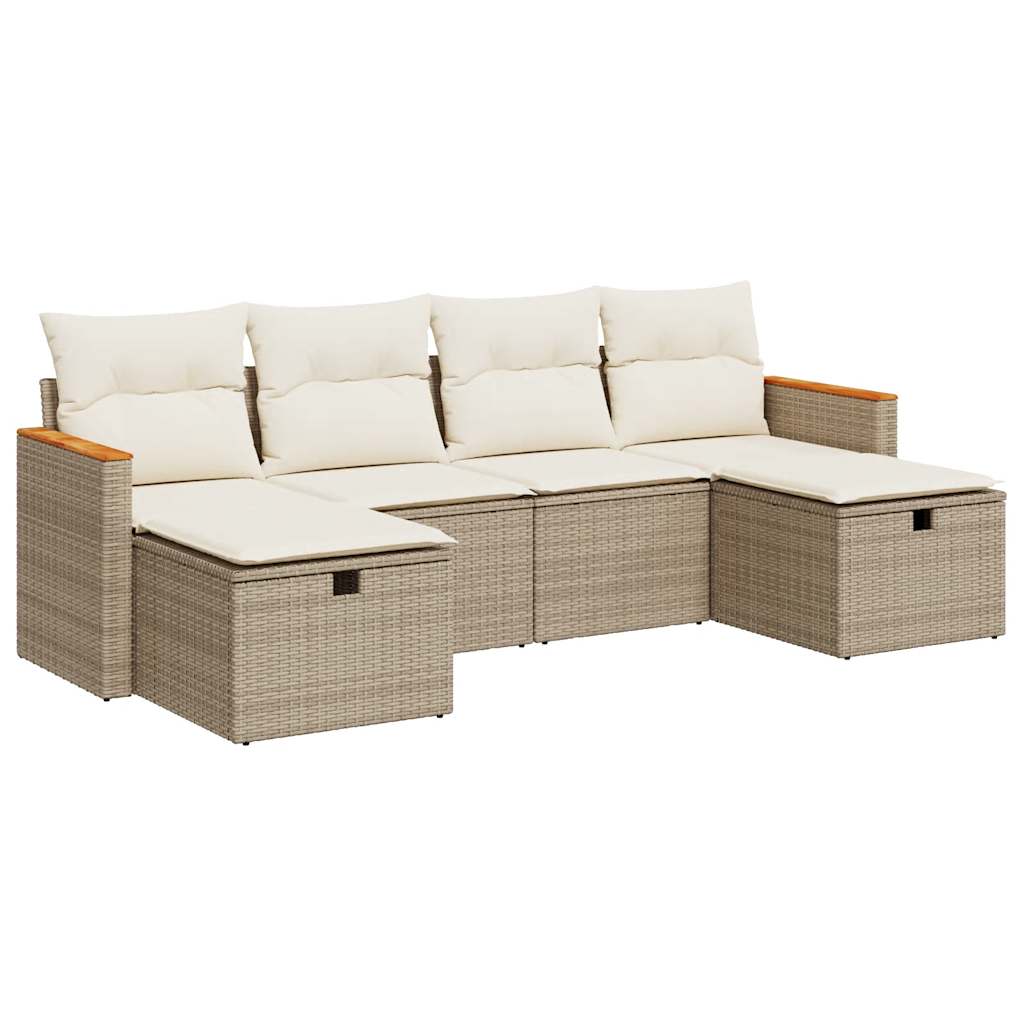 6-delige Loungeset met kussens poly rattan beige