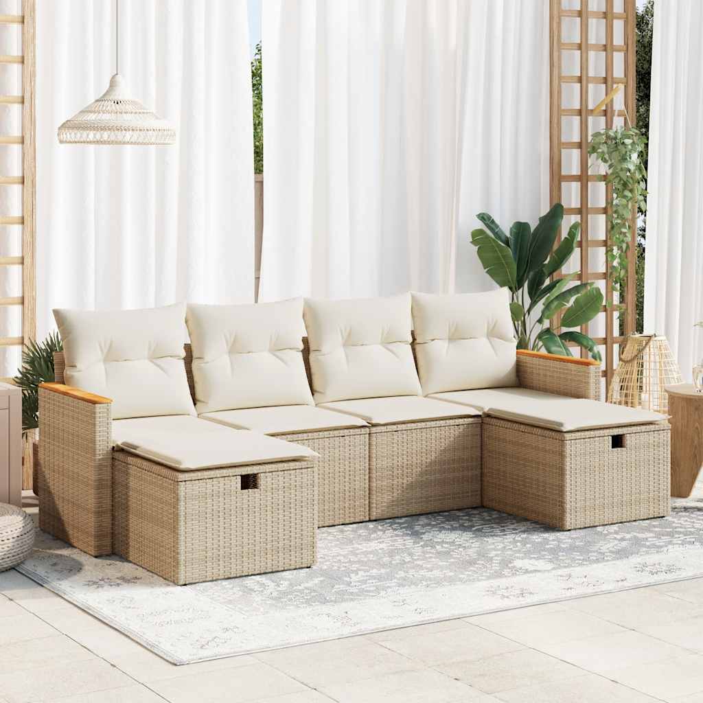 6-delige Loungeset met kussens poly rattan beige