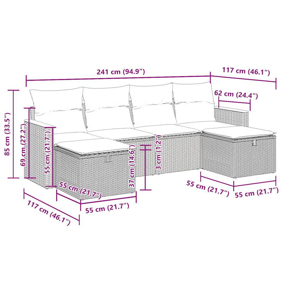 6-delige Loungeset met kussens poly rattan beige