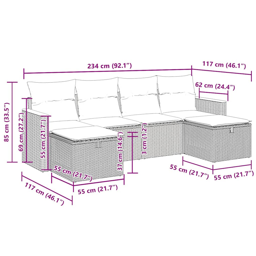 6-delige Loungeset met kussens poly rattan grijs