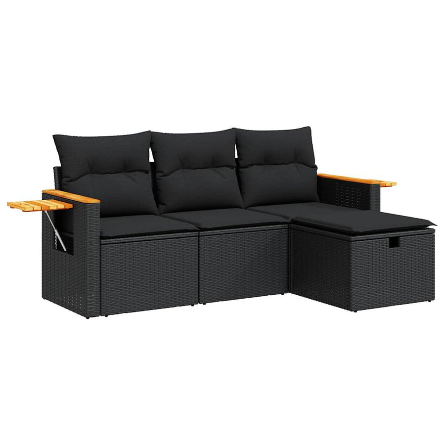4-delige Loungeset met kussens poly rattan zwart