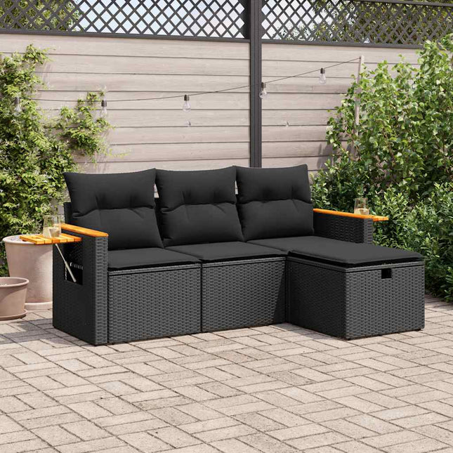 4-delige Loungeset met kussens poly rattan zwart