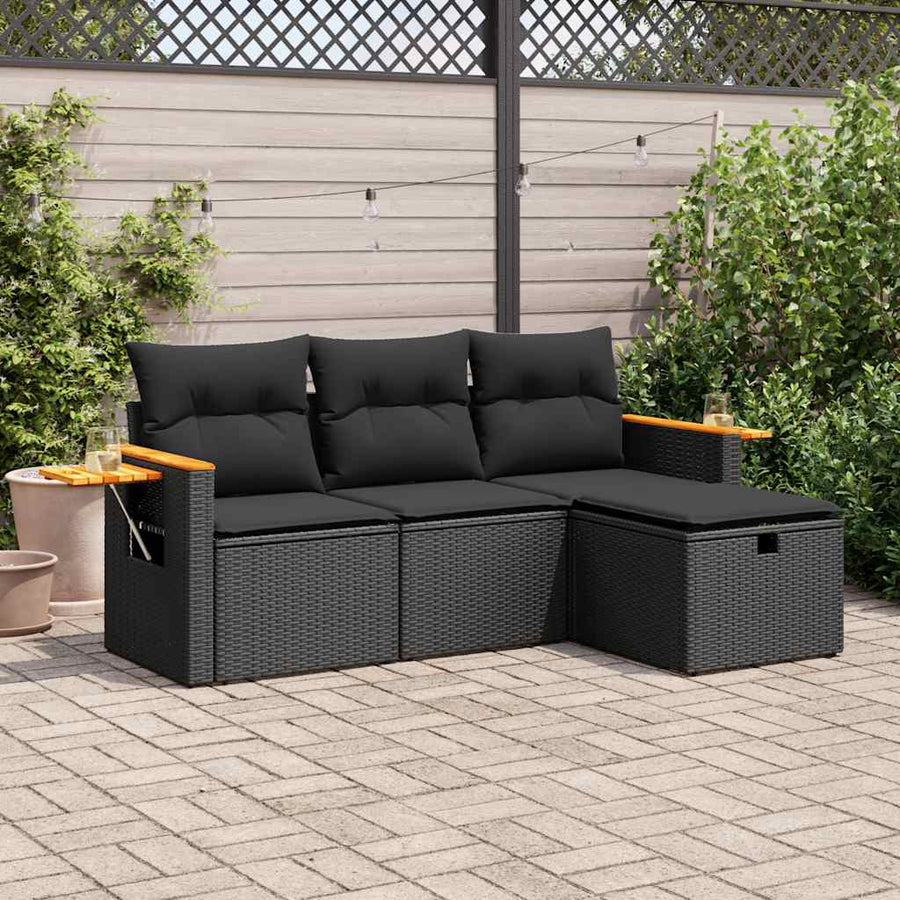 4-delige Loungeset met kussens poly rattan zwart