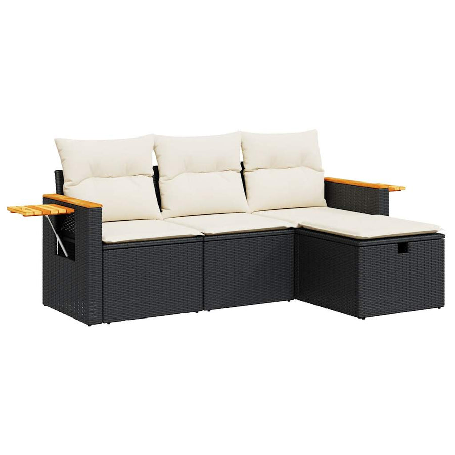 4-delige Loungeset met kussens poly rattan zwart