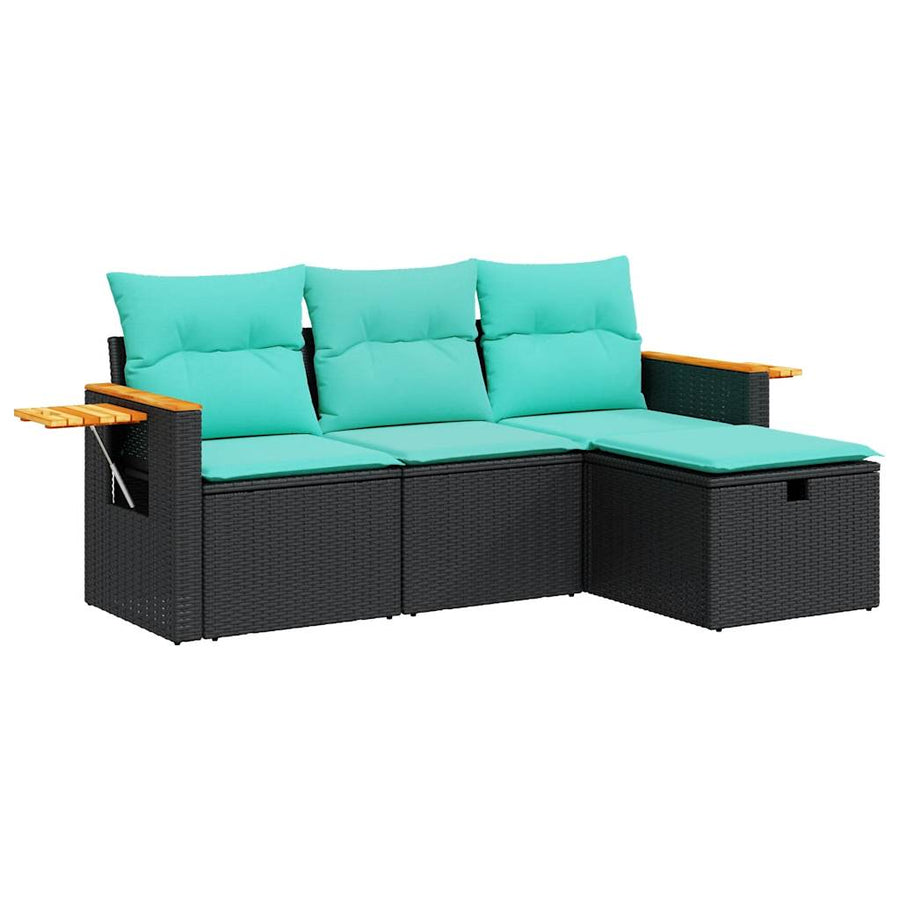 4-delige Loungeset met kussens poly rattan zwart