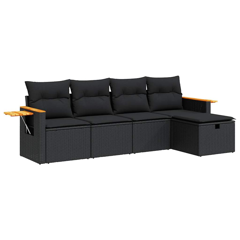 5-delige Loungeset met kussens poly rattan zwart