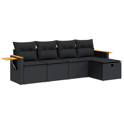 5-delige Loungeset met kussens poly rattan zwart
