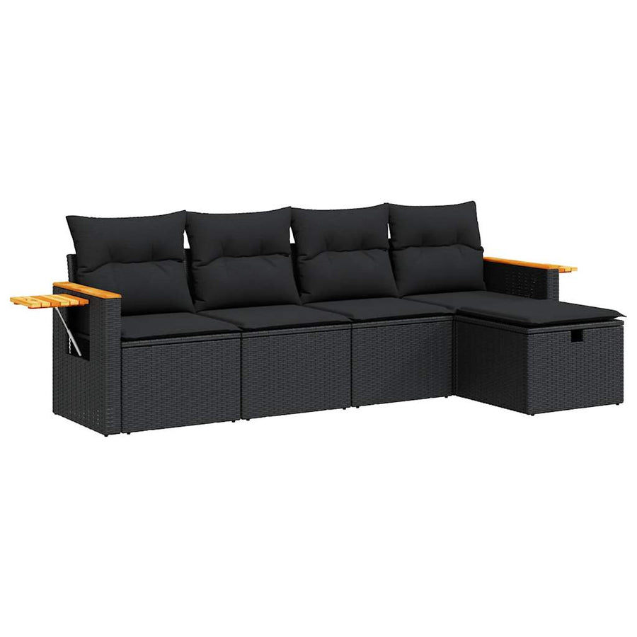 5-delige Loungeset met kussens poly rattan zwart