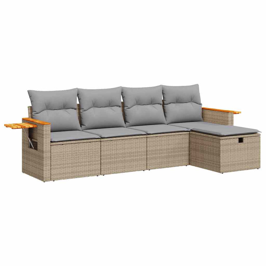 5-delige Loungeset met kussens poly rattan beige