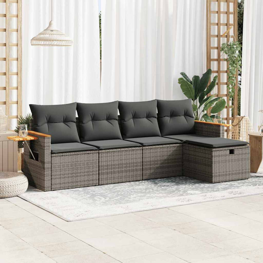 5-delige Loungeset met kussens poly rattan grijs