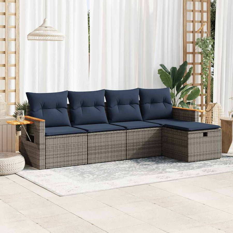 5-delige Loungeset met kussens poly rattan grijs