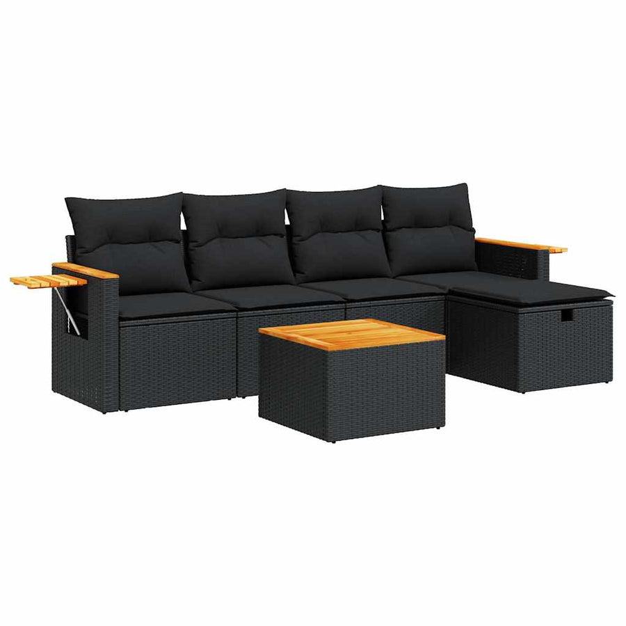 6-delige Loungeset met kussens poly rattan zwart
