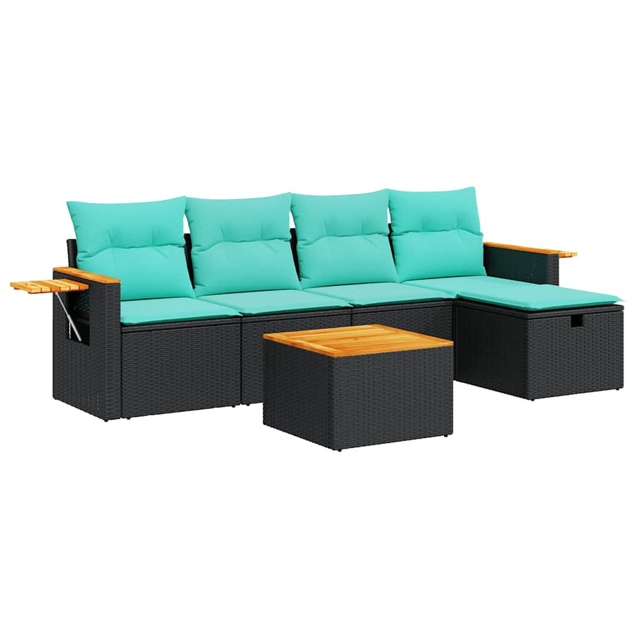 6-delige Loungeset met kussens poly rattan zwart