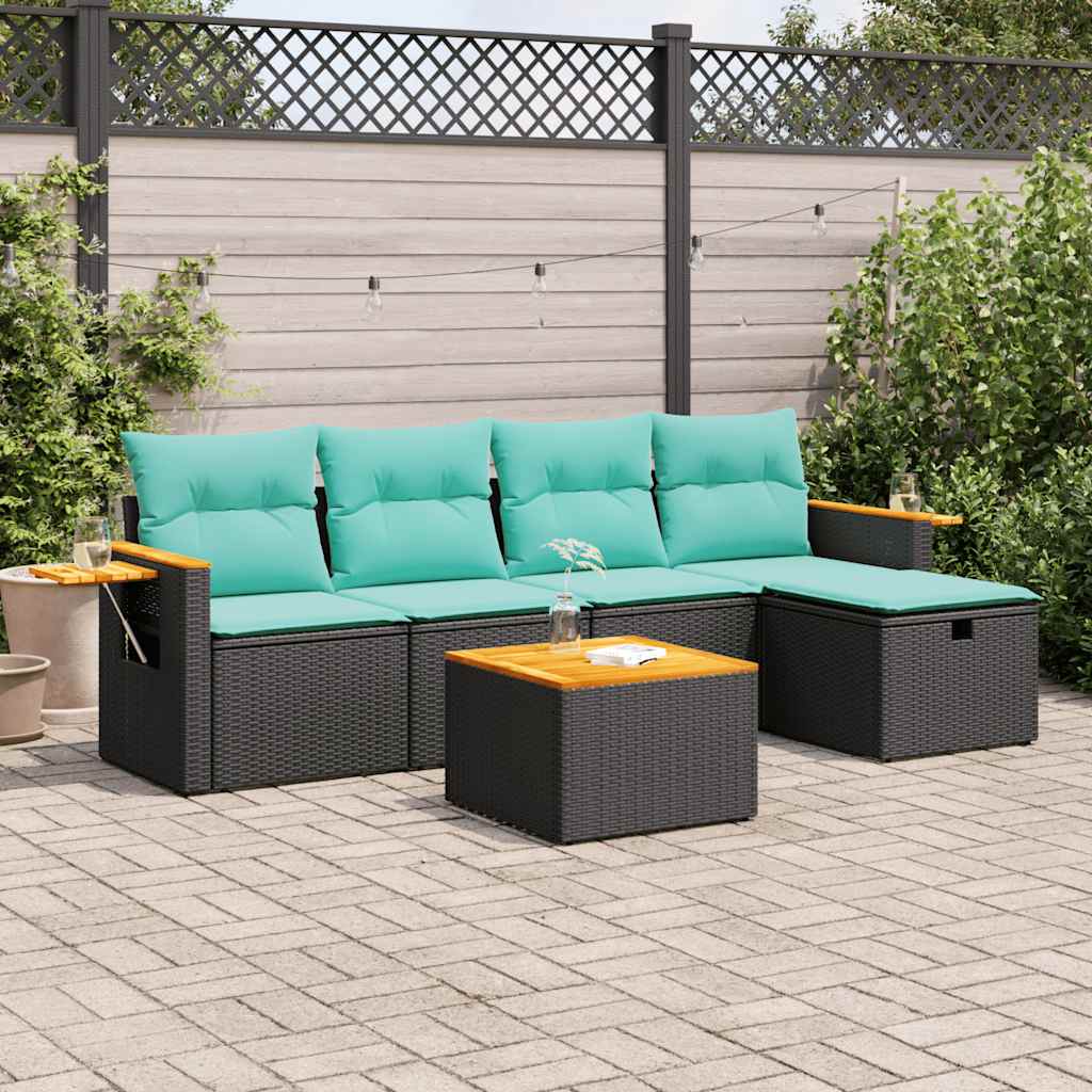 6-delige Loungeset met kussens poly rattan zwart