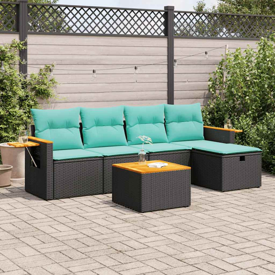 6-delige Loungeset met kussens poly rattan zwart
