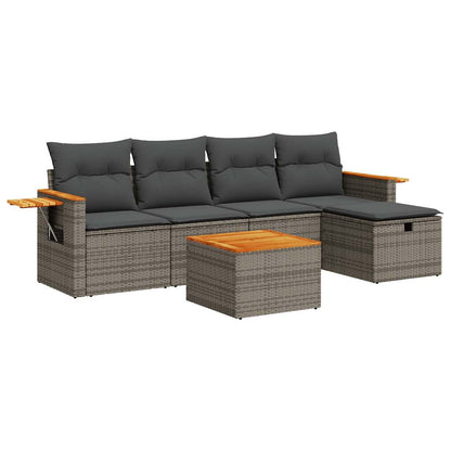 6-delige Loungeset met kussens poly rattan grijs