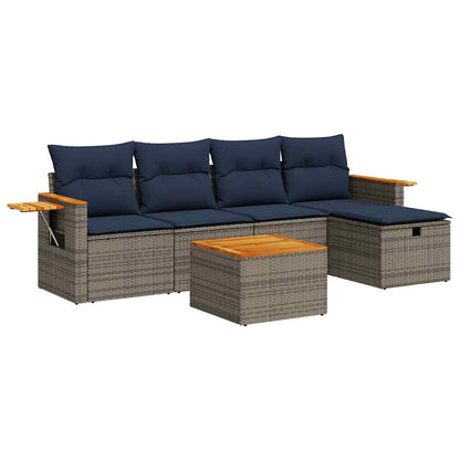 6-delige Loungeset met kussens poly rattan grijs