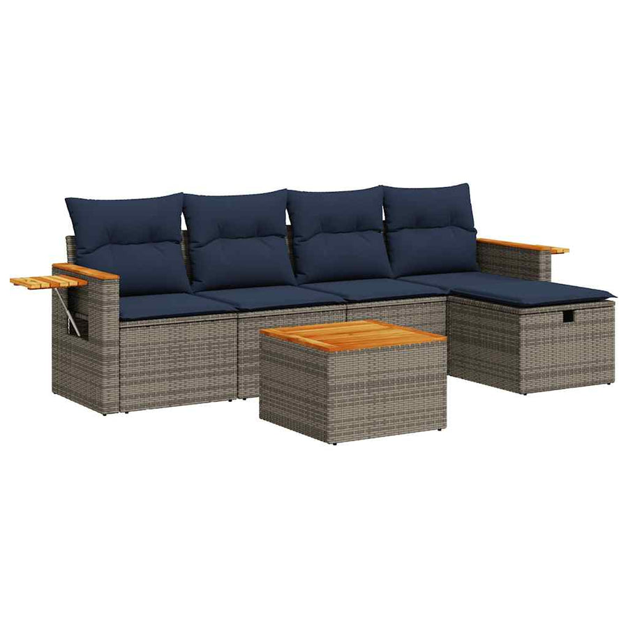 6-delige Loungeset met kussens poly rattan grijs