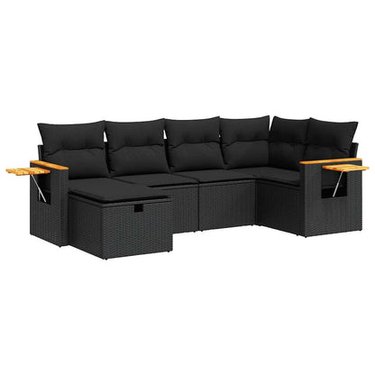 6-delige Loungeset met kussens poly rattan zwart