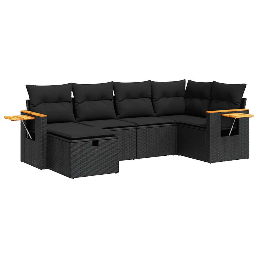 6-delige Loungeset met kussens poly rattan zwart