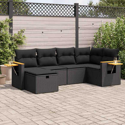 6-delige Loungeset met kussens poly rattan zwart