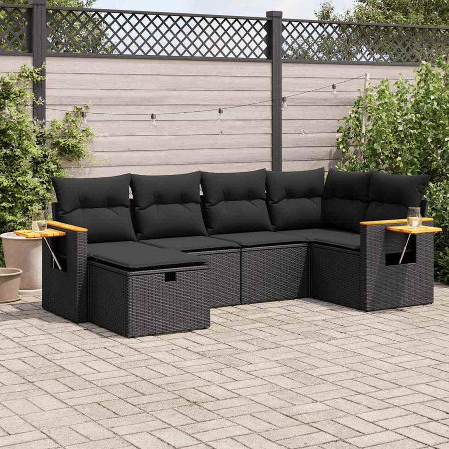 6-delige Loungeset met kussens poly rattan zwart