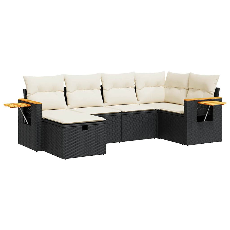 6-delige Loungeset met kussens poly rattan zwart