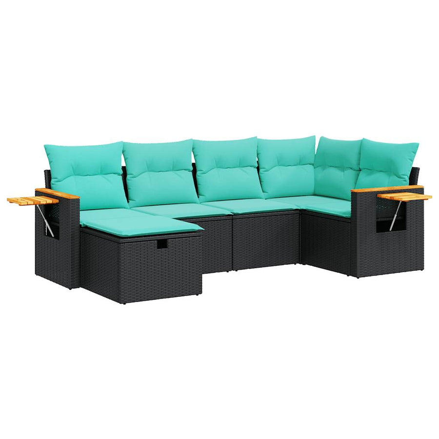 6-delige Loungeset met kussens poly rattan zwart