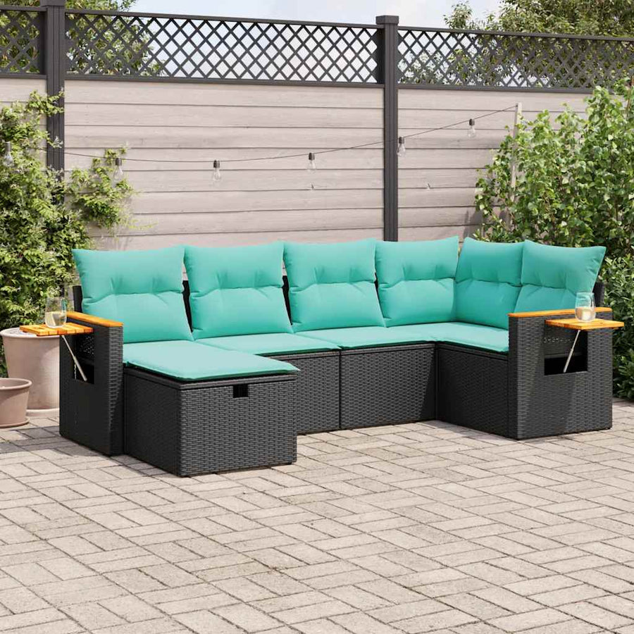6-delige Loungeset met kussens poly rattan zwart