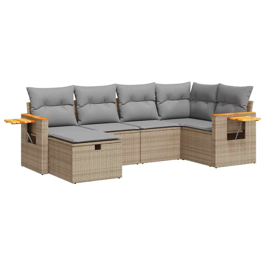 6-delige Loungeset met kussens poly rattan beige