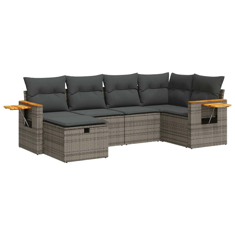 6-delige Loungeset met kussens poly rattan grijs