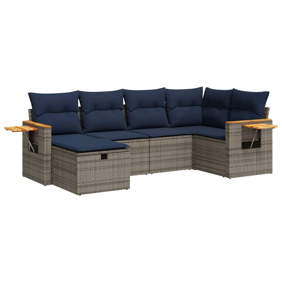 6-delige Loungeset met kussens poly rattan grijs