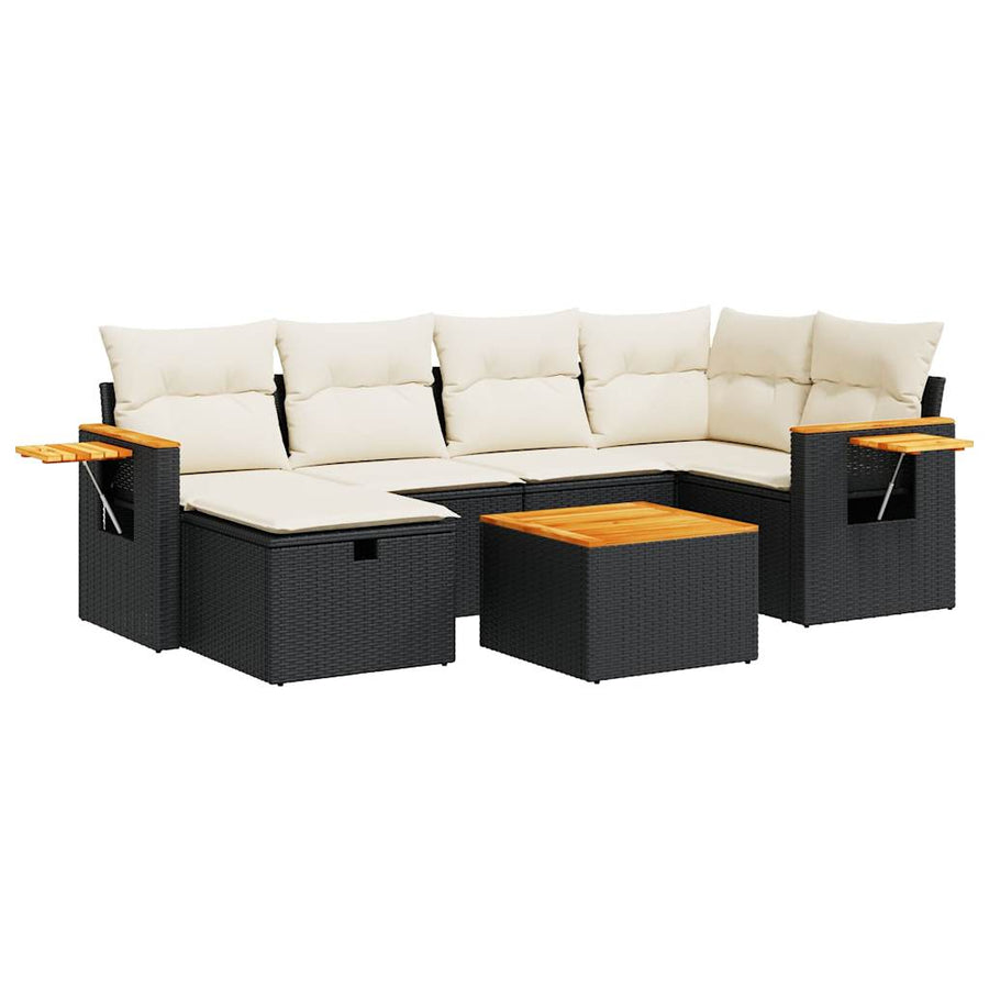 7-delige Loungeset met kussens poly rattan zwart