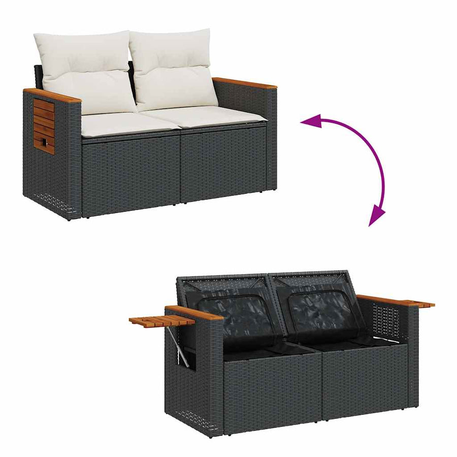 7-delige Loungeset met kussens poly rattan zwart