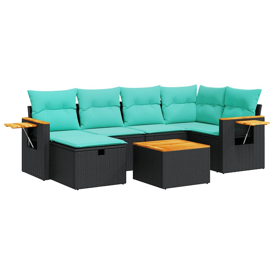 7-delige Loungeset met kussens poly rattan zwart