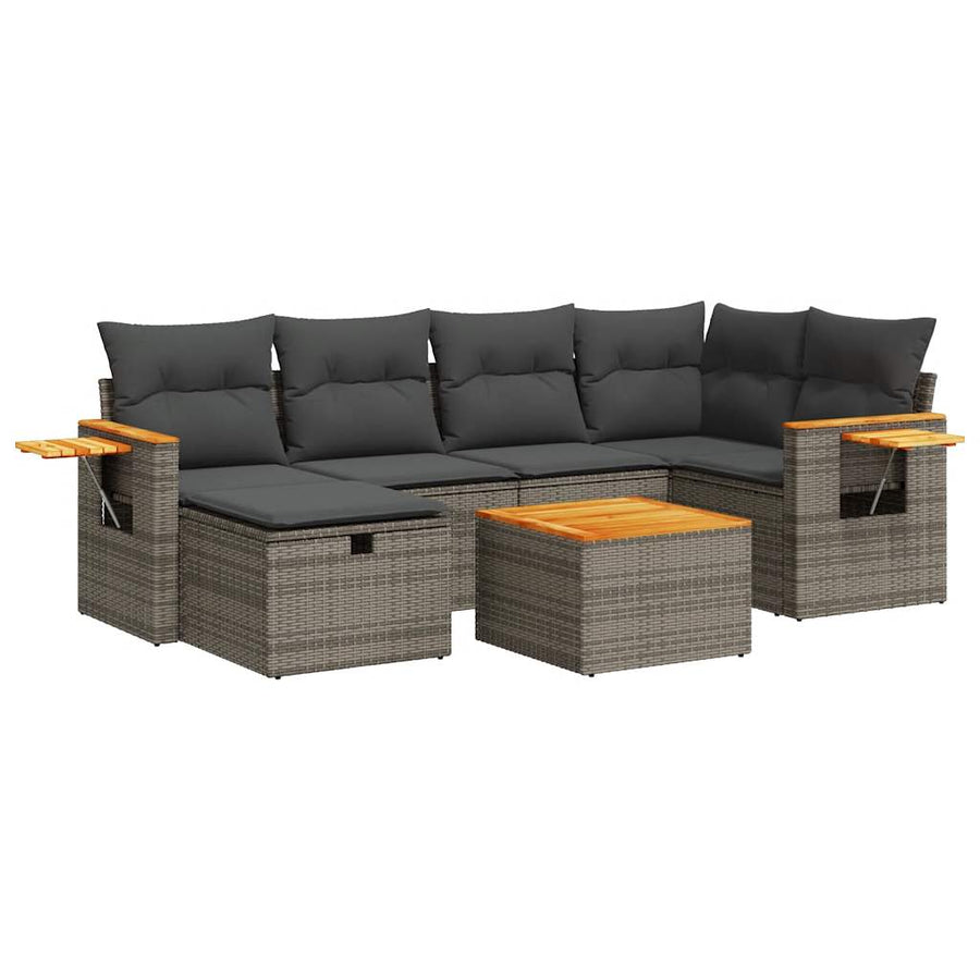 7-delige Loungeset met kussens poly rattan grijs