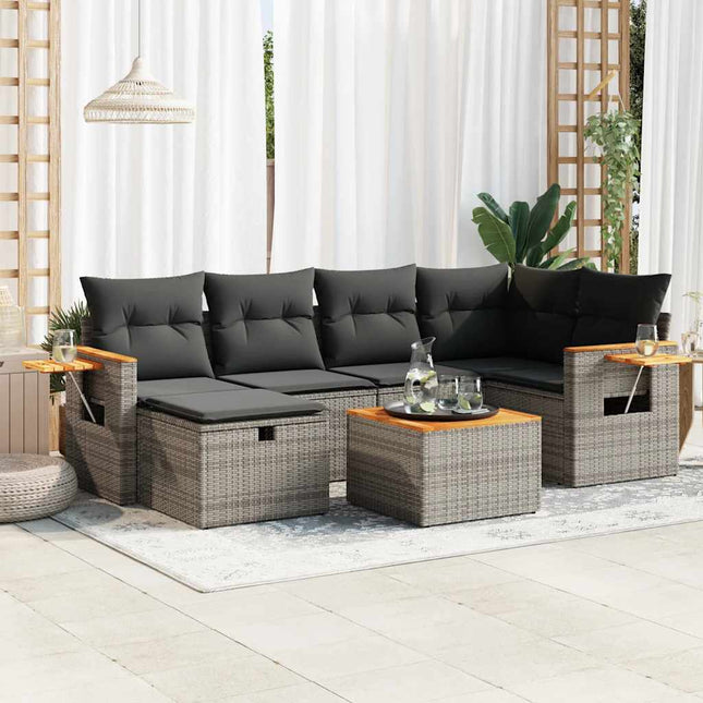 7-delige Loungeset met kussens poly rattan grijs