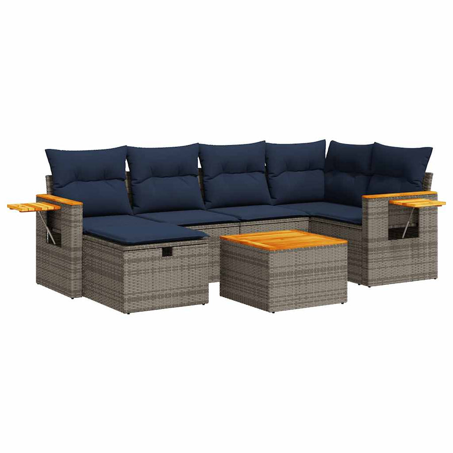7-delige Loungeset met kussens poly rattan grijs
