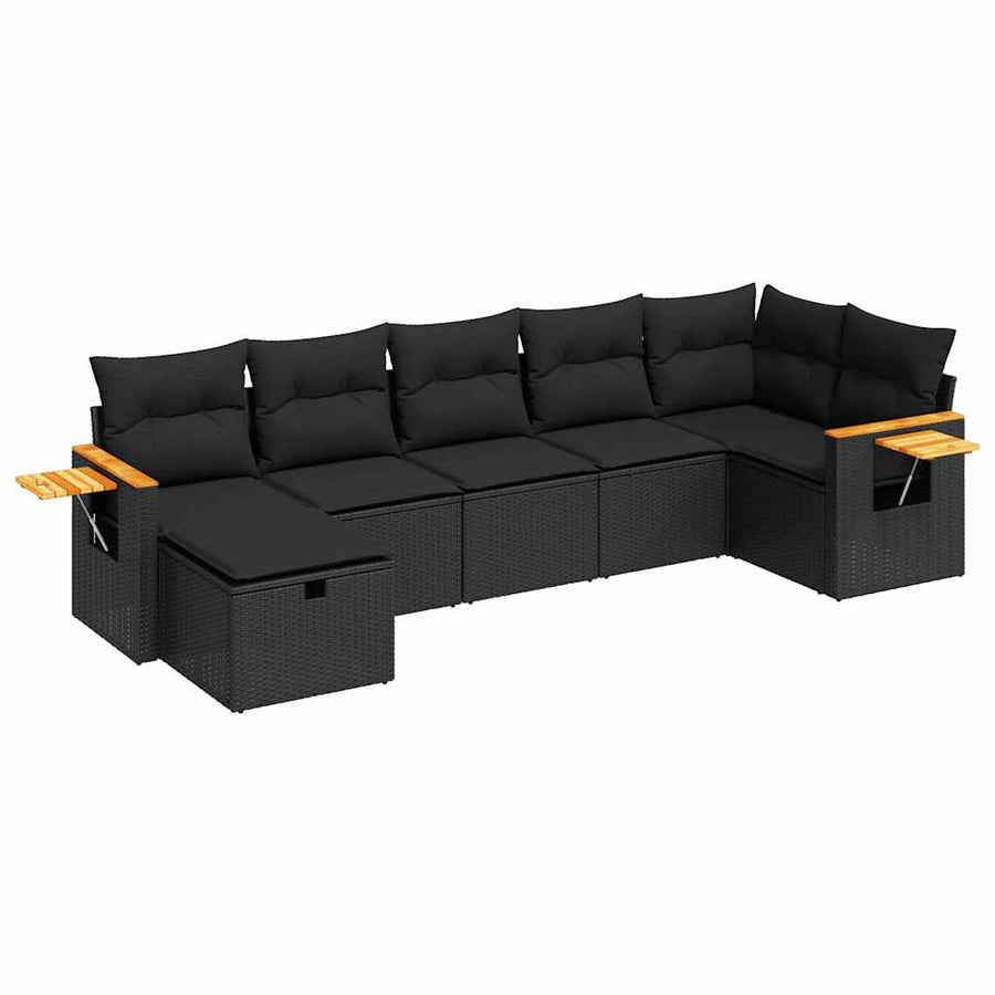 7-delige Loungeset met kussens poly rattan zwart